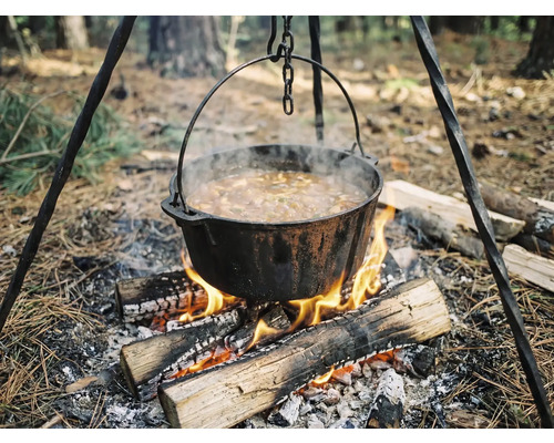 Kettle au-dessus du feu de camp pour cuisiner en plein air