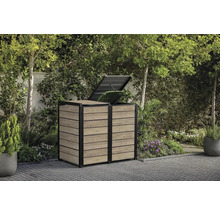 Cache-conteneur à ordures en bois avec couvercle ouvert dans le jardin