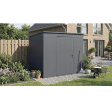 Abri de jardin métallique gris avec porte dans le jardin