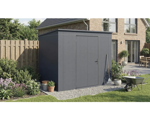 Abri de jardin métallique gris avec porte dans le jardin