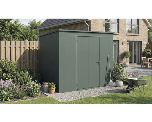 Armoire de jardin en métal avec porte dans un jardin