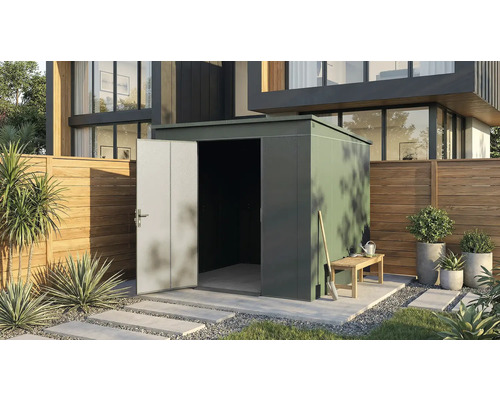 Abri de jardin avec porte ouverte dans un jardin moderne