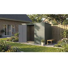 Scène de jardin avec remise à outils, partiellement ouverte