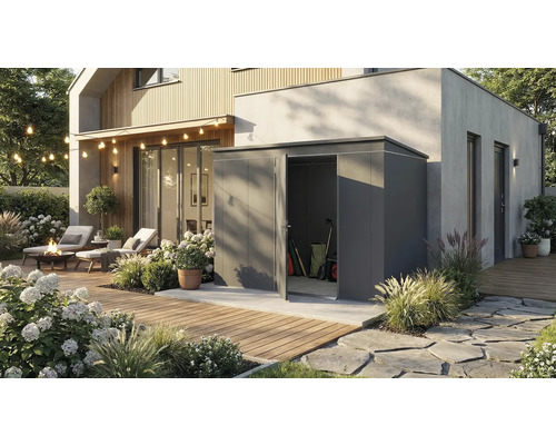 Scène de jardin avec abri de jardin moderne et portes ouvertes