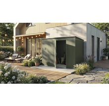 Un jardin moderne avec une cabane de jardin, entouré de plantes et de fleurs