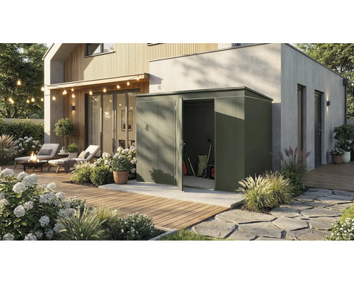 Un jardin moderne avec une cabane de jardin, entouré de plantes et de fleurs