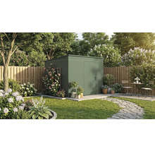 Scène de jardin avec abri de jardin, plantes et mobilier de jardin sur pelouse