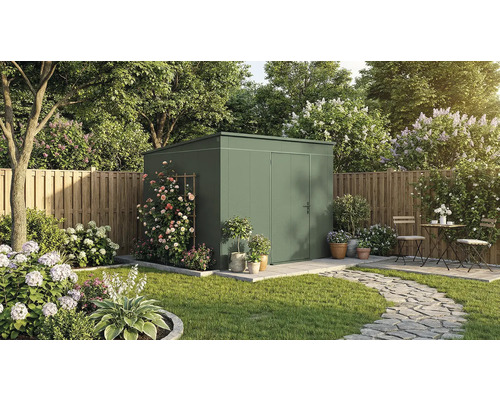 Scène de jardin avec abri de jardin, plantes et mobilier de jardin sur pelouse