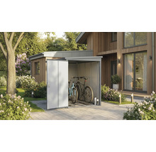 Garage à vélos en métal avec deux vélos dans le jardin