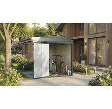 Garage à vélos en métal avec deux vélos dans un jardin soigné