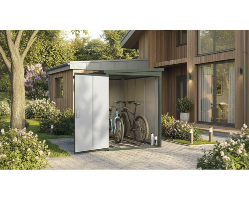 Garage à vélos en métal avec deux vélos dans un jardin soigné