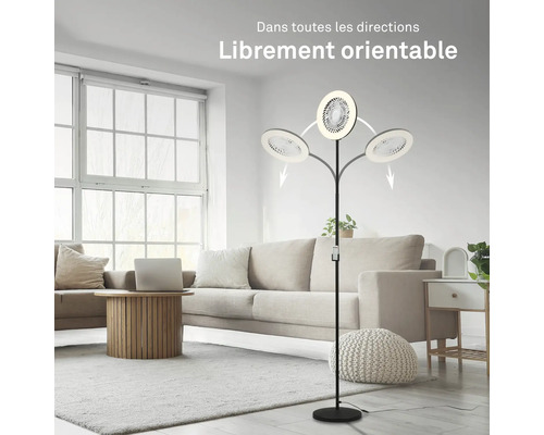 Lampadaire avec trois ventilateurs pivotants dans un salon.