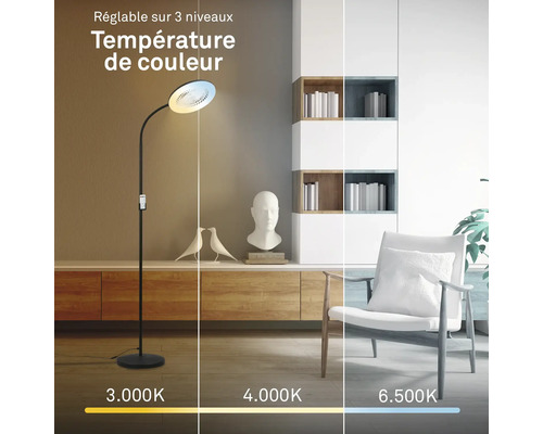 Lampadaire avec température de couleur réglable sur trois niveaux dans un salon