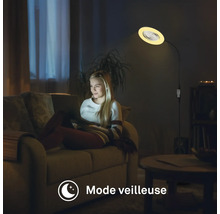 Une femme assise sur un canapé avec un ordinateur portable, tandis qu'un lampadaire illumine la pièce