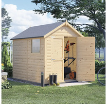 Abri de jardin en bois avec portes ouvertes et outils de jardinage à l'intérieur