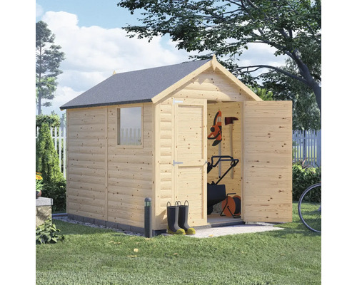 Abri de jardin en bois avec portes ouvertes et outils de jardinage à l'intérieur