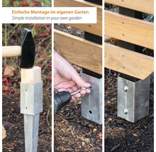 Montage eines Zaunpfostens im Garten: Einschlagen der Bodenhülse, Verschrauben des Pfostens und fertiger Zaun.
