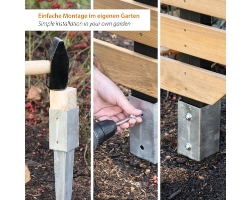 Montage eines Zaunpfostens im Garten: Einschlagen der Bodenhülse, Verschrauben des Pfostens und fertiger Zaun.