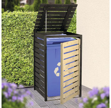 Cache-poubelle en bois pour une poubelle, avec couvercle et porte ouverts, sur une terrasse devant une haie.