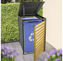 Abri pour poubelle en bois pour un conteneur avec couvercle rabattable et porte frontale sur une terrasse.