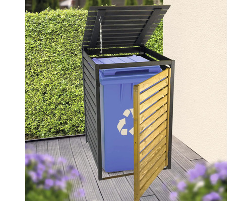 Abri pour poubelle en bois pour un conteneur avec couvercle rabattable et porte frontale sur une terrasse.