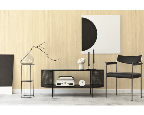 Espace de vie moderne avec panneaux muraux aspect bois clair, meubles noirs minimalistes et décoration abstraite.