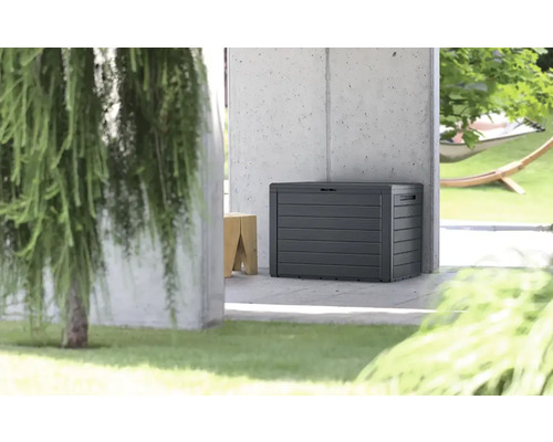 Coffre de jardin moderne en plastique avec structure en bois devant un mur en béton dans un espace extérieur lumineux et organisé.