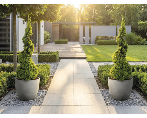 Moderner, heller Garten mit Steinweg, spiralförmigen Formgehölzen in runden Töpfen, Holzdeck und Rasenfläche.