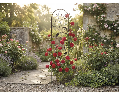 Rankgitter aus schwarzem Metall mit Vogel- und Blattmotiven, bewachsen mit roten Kletterrosen in einem hellen Garten mit Steinpfad.