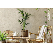 Papier peint aspect pierre sur un mur dans une pièce lumineuse avec une chaise en rotin, un plaid et des plantes vertes sur un banc en bois.