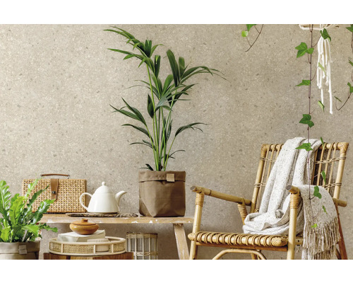 Papier peint aspect pierre sur un mur dans une pièce lumineuse avec une chaise en rotin, un plaid et des plantes vertes sur un banc en bois.