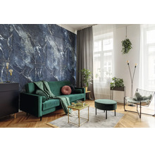 Salon moderne avec papier peint marbre bleu foncé, canapé en velours vert et parquet en chevrons. Décoré avec des plantes et des touches dorées.