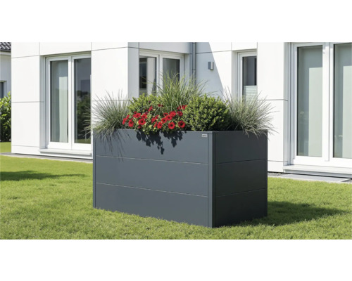 Carré potager surélevé en métal anthracite avec fleurs rouges et graminées sur une pelouse devant une maison blanche moderne.