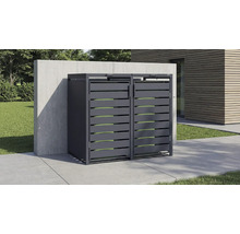 Cache-poubelle double en métal avec des lattes horizontales sur une terrasse moderne devant un mur en béton.