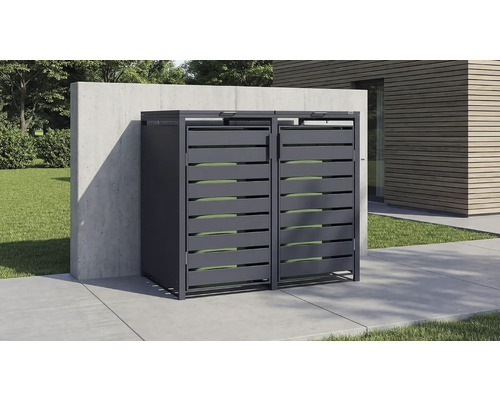 Cache-poubelle double en métal avec des lattes horizontales sur une terrasse moderne devant un mur en béton.