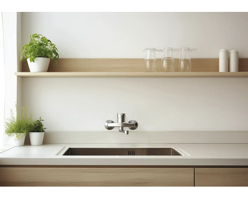 Moderne Küche mit wandmontierter Küchenarmatur über einer Edelstahlspüle, hellem Holzregal und grünen Pflanzen.