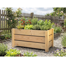 Rechteckiges Hochbeet aus hellem Holz in einem Garten, bepflanzt mit Tomaten, Kräutern und Salat.