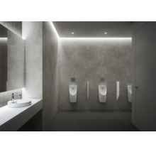 Modernes, helles Badezimmer mit drei Urinalen, Trennwänden, grauen Fliesen und einem Aufsatzwaschbecken mit verchromter Armatur.