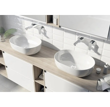 Salle de bain moderne avec deux vasques à poser ovales en céramique blanche sur un meuble sous-vasque clair et robinetterie murale.