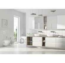 Salle de bain moderne lumineuse avec double vasque, vasques à poser, grande armoire de toilette, WC suspendu et bidet.