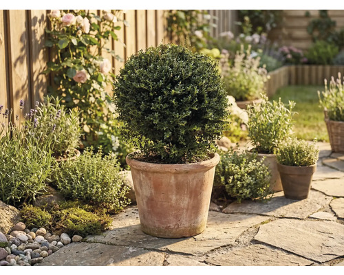 Boule de buis dans un pot en terre dans un jardin ensoleillé avec dallage en pierre, lavande et roses contre une clôture en bois.