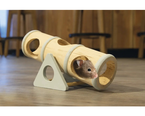 Jouet à bascule pour hamster en bois avec tunnel, ouvertures rondes et un hamster.