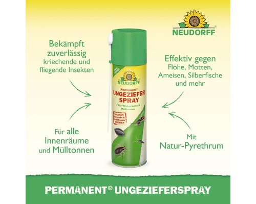 Neudorff Permanent Ungezieferspray gegen fliegende und kriechende Insekten in Innenräumen und Mülltonnen mit Natur-Pyrethrum. Neudorff Logo.