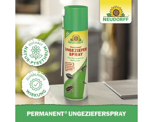 Neudorff Logo, Permanent UngezieferSpray gegen fliegende und kriechende Insekten, enthält Natur-Pyrethrum, zuverlässige Wirkung.