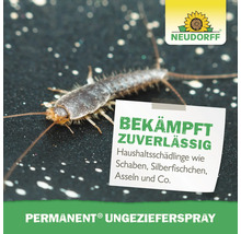 Neudorff Permanent Ungezieferspray bekämpft zuverlässig Haushaltsschädlinge wie Silberfischchen, Schaben und Asseln. Neudorff Logo.