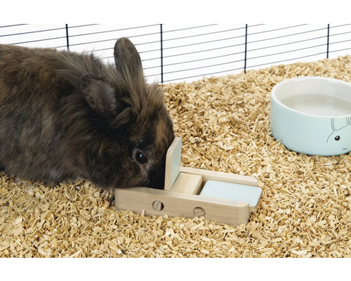 Kaninchen spielt mit einem Intelligenzspielzeug aus Holz in einem hellen Käfig mit Einstreu und Keramiknapf.
