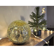 Boule en verre éclairée avec effet craquelé, étoiles et sapins sur une surface en bois à côté d'un sapin artificiel.