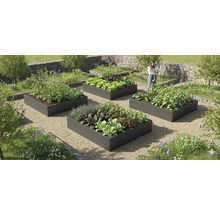 Vier moderne, anthrazitfarbene Hochbeete aus Metall in einem Garten mit Kieswegen, bepflanzt mit Gemüse und Kräutern.