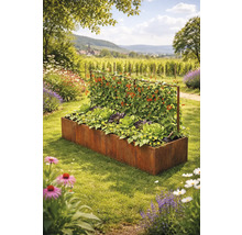 Rechteckiges Hochbeet aus Cortenstahl mit integrierter Rankhilfe, bepflanzt mit Salat und Kletterpflanzen in einem sonnigen Garten.
