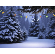 LED-Lichterkette mit bunten Sternen in einer winterlichen Waldlandschaft mit verschneiten Tannen.
